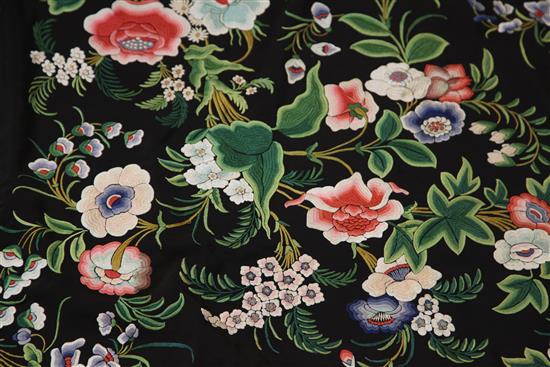 A Chinese black silk shawl, 20th century, 160 x 160cm plus fringes